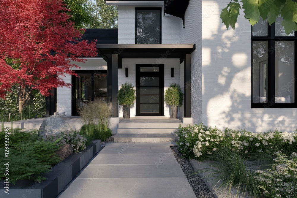 Obraz premium Beautiful modern entrance of a house showcasing a striking combination of greenery and architectural design during daytime