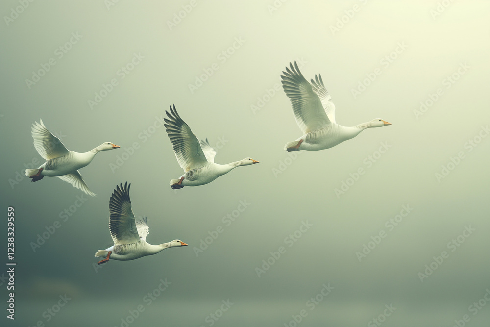 Fototapeta premium Beautiful white geese flying on a foggy morning. Toned image. Nature and wildlife concept. Generative AI