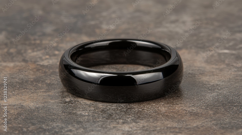 A high-gloss black tungsten fashion ring on a dark gray concrete-textured background A high-gloss black tungsten fashion ring on a dark gray concrete-textured background