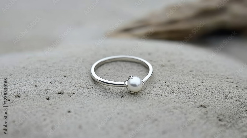A minimalist engagement ring featuring a single pearl, set against a delicate light gray background A minimalist engagement ring featuring a single pearl, set against a delicate light gray background
