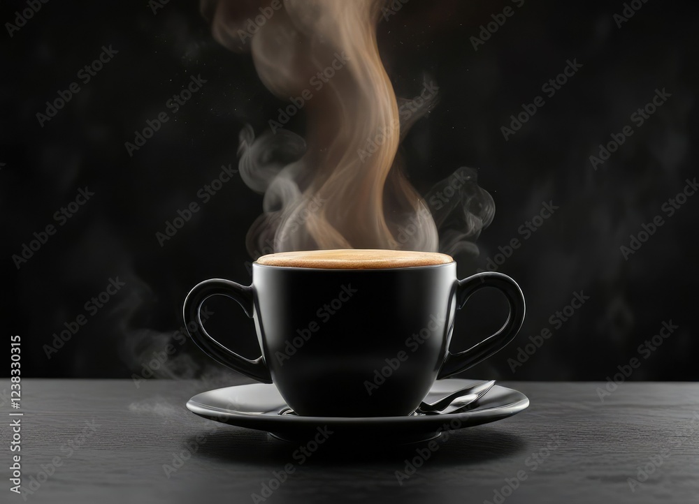 Steaming hot coffee liquid overflowing from a cup onto a dark and sleek black surface, splatter, pour, dark