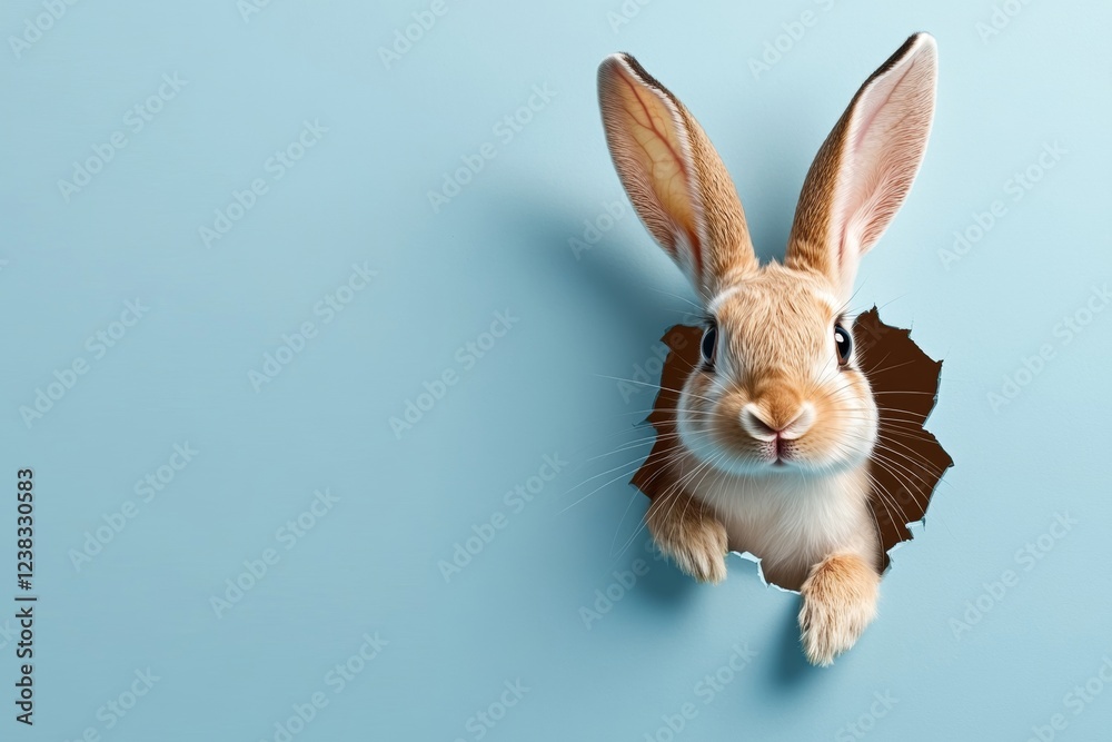 Obraz premium Cute Easter Bunny Gazing Out Inquisitively from Irregular Hole in Paper Sky Blue Background