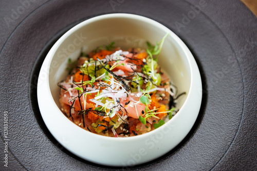Tuna tartare. Ponzu sauce, chives, cucumber, masago and nori. Delicious healthy Italian traditional food closeup served for lunch in modern gourmet cuisine restaurant