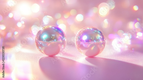 A pair of luminous pearl earrings on a soft, light-colored background with subtle lighting effects.