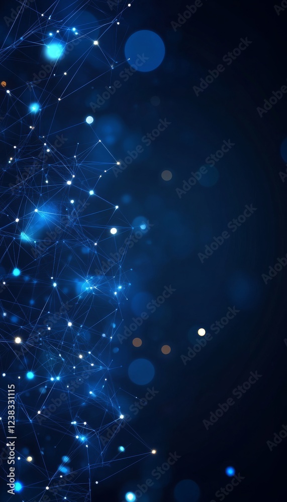 Obraz premium Abstract Dark Blue Network, Interconnected Nodes And Lines With Bokeh Effect, Digital Background