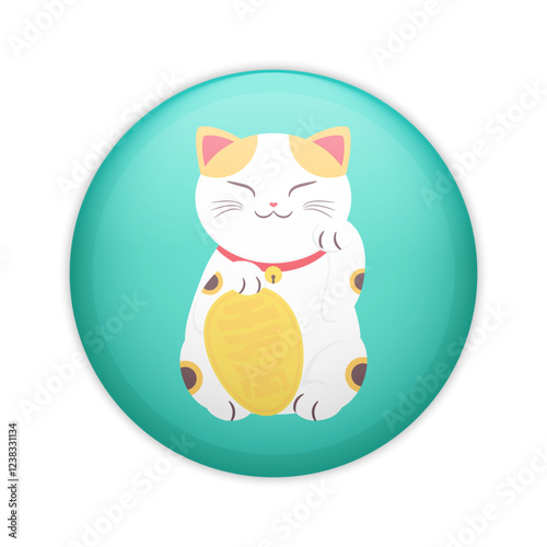 Japanese beckoning cat Maneki neko glossy pin badge. Lucky cat with a raised paw. Symbol of wealth and luck
