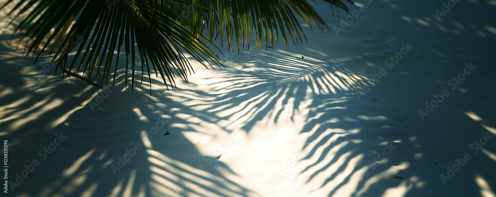 Serene beach scene with palm leaf shadows on soft sand, capturing tranquility and peace. Serene beach scene with palm leaf shadows on soft sand, capturing tranquility and peace.
