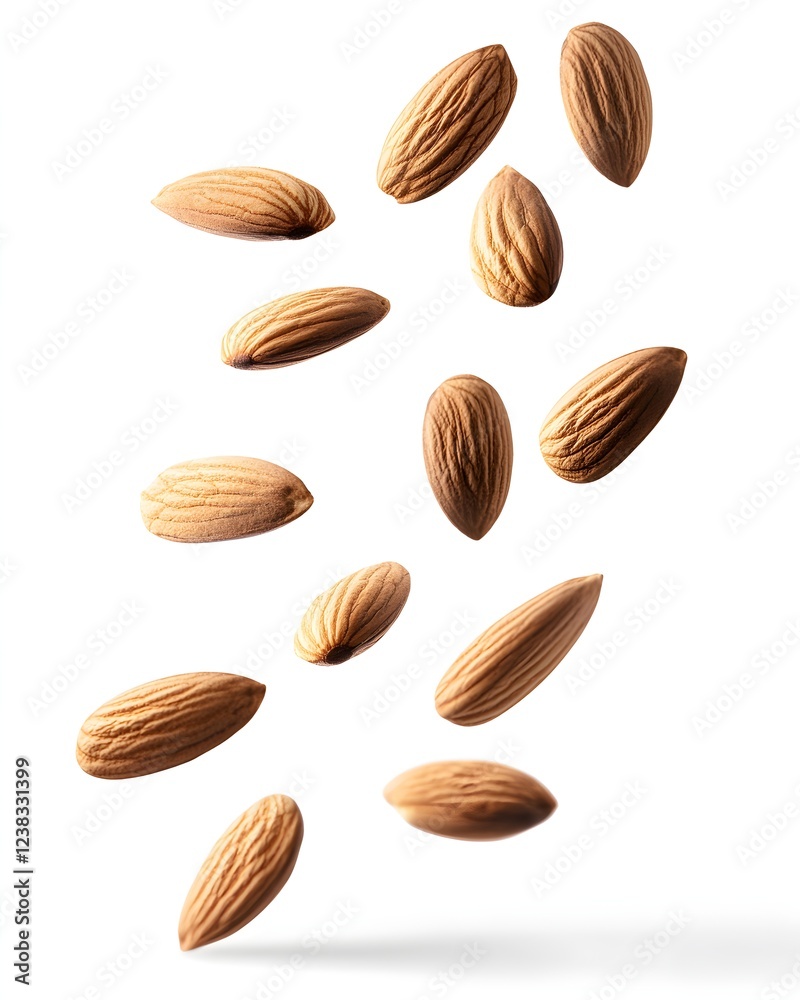 6 fresh, realistic-looking almond nuts floating in the air against a white background, with no shadows, reflections, depth of field, perspective, contrast, ambient occlusion, highlights, color 6 fresh, realistic-looking almond nuts floating in the air against a white background, with no shadows, reflections, depth of field, perspective, contrast, ambient occlusion, highlights, color