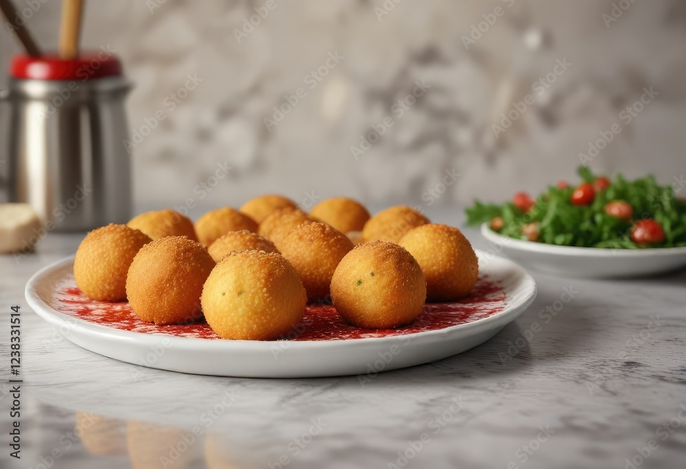 Steaming plate of arancini balls on a marble table, arancini, utensils, cheese Steaming plate of arancini balls on a marble table, arancini, utensils, cheese