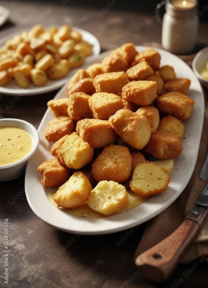 steaming plate of nuggets with mayonnaise and potatoes , crispy exterior, comfort food, savory sauce steaming plate of nuggets with mayonnaise and potatoes , crispy exterior, comfort food, savory sauce