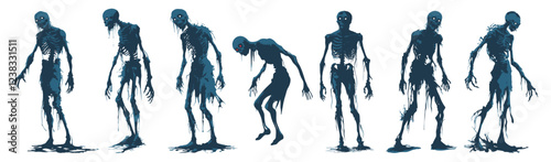 Set of scary undead zombies rising from the grave. Vector silhouette isolated set