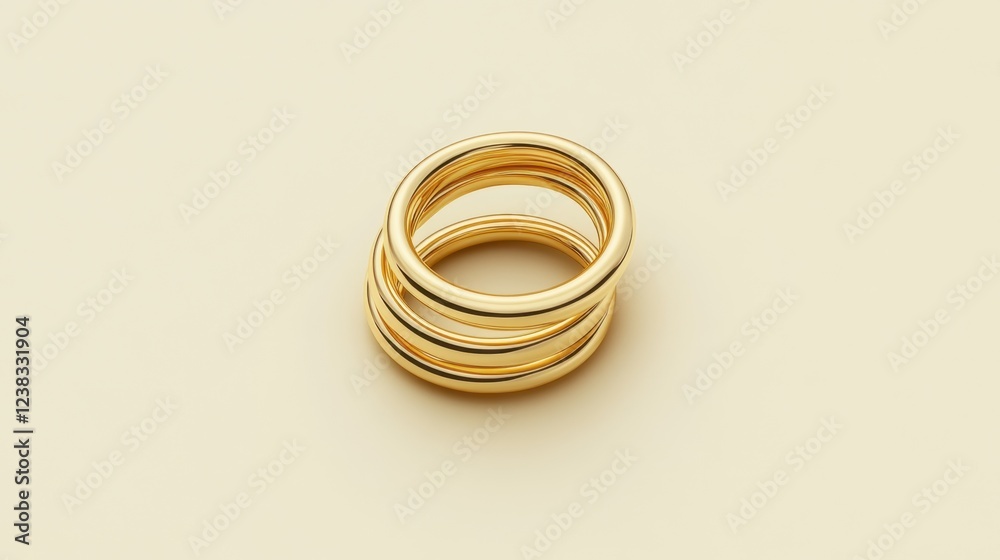 A stack of thin minimalist rings arranged in a circular shape on a cream-colored background A stack of thin minimalist rings arranged in a circular shape on a cream-colored background