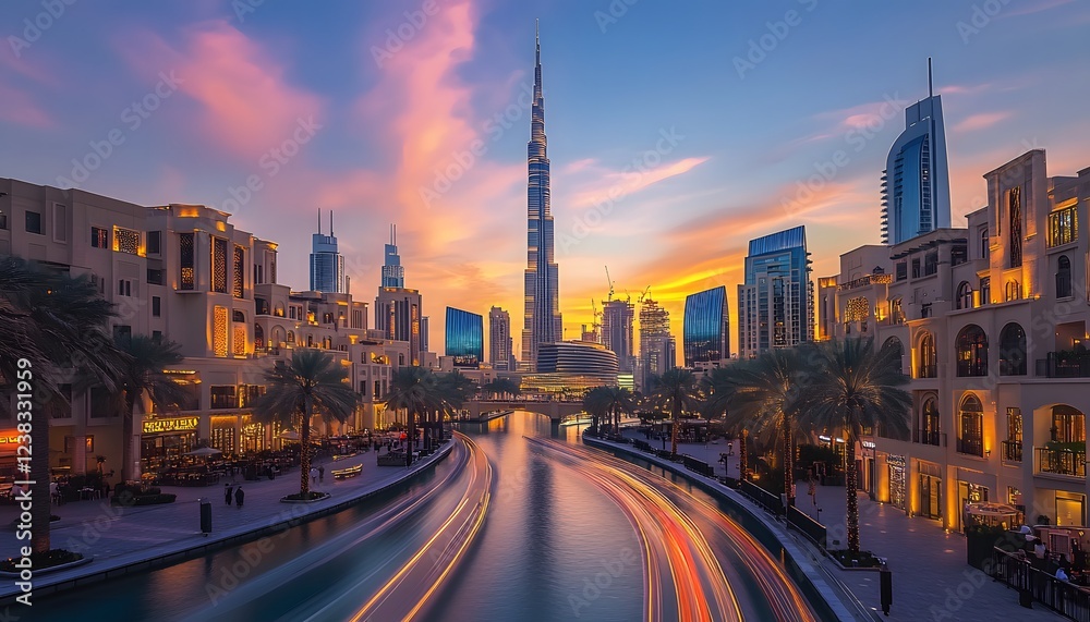 Fototapeta premium Dubai Skyline Sunset Canal Cityscape Buildings