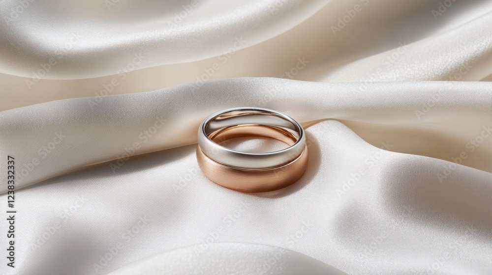 A two-tone engagement-style ring glowing under soft light on a white satin backdrop A two-tone engagement-style ring glowing under soft light on a white satin backdrop