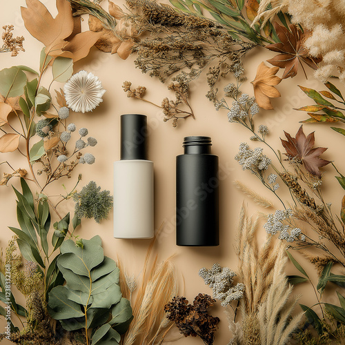 Two bottles of perfume are placed on a table with a bunch of flowers