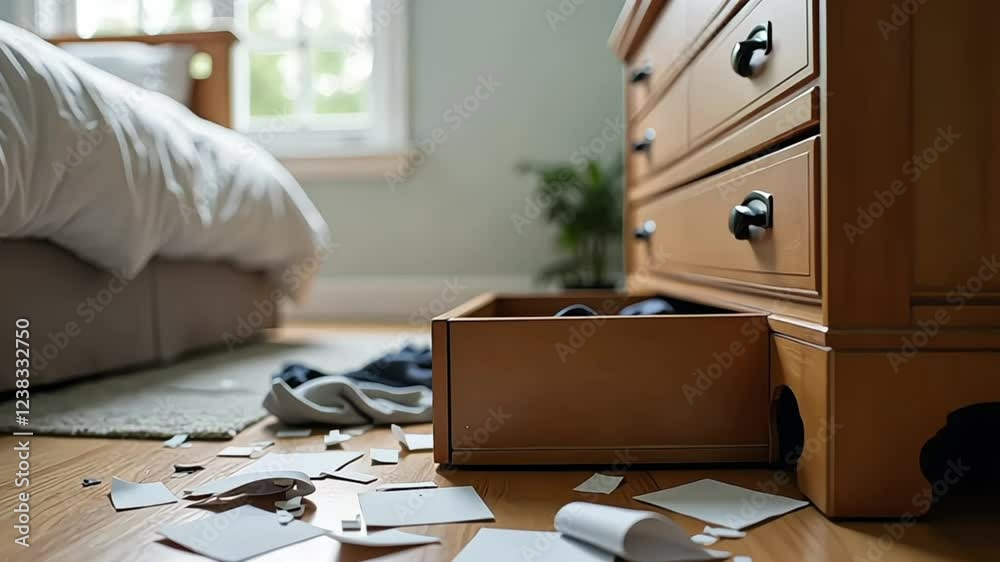 Disturbed bedroom with drawers pulled out and clothes scattered on the floor, portraying the chaos after a break-in
