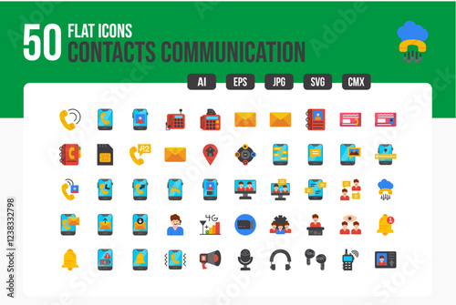 Set of 50 Contacts Communication Icons. Flat Icon Collection