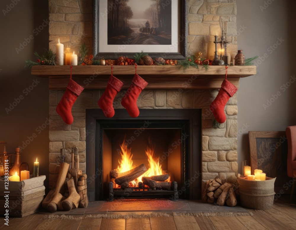 Stockings draped over a wooden mantle in front of a roaring fireplace , wooden, festive Stockings draped over a wooden mantle in front of a roaring fireplace , wooden, festive