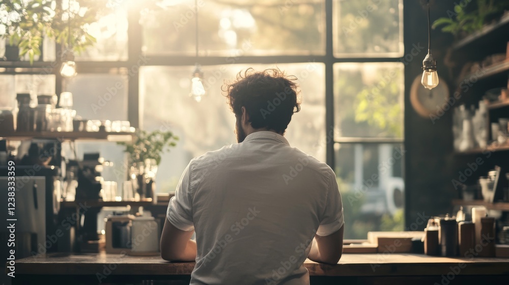 Man at coffee shop, back view, sunrise, calm Man at coffee shop, back view, sunrise, calm