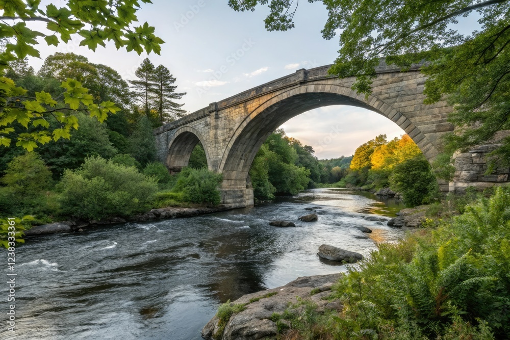 Fototapeta premium Stone arch bridge spanning the river with water flowing beneath and surrounding foliage, water features, greenery, arch structure, river flow, peaceful scene
