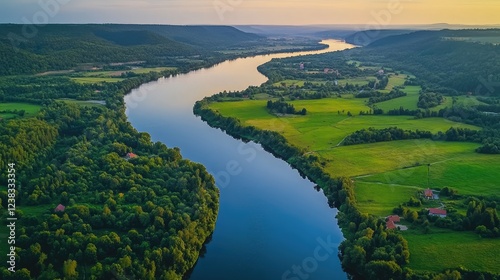 Scenic Aerial View of the Serene Nemunas River in Lithuania at Sunset photo