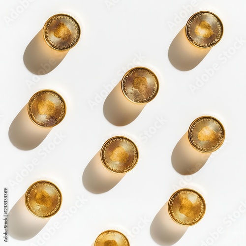 Shiny Stacks of Coins Isolated on Pure White Background for Financial Concepts photo