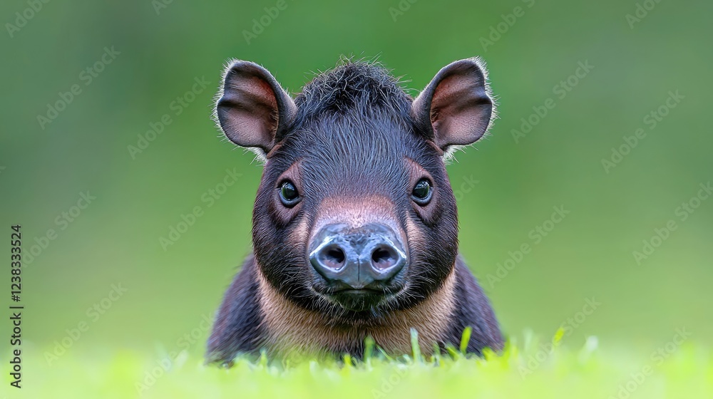 Fototapeta premium Baby tapir in green field, wildlife portrait