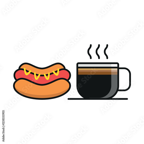 Coffee glass and hot dog set food drink icon designed with a dynamic flair, offering a bold look for projects related to street food, quick bites, or casual dining experiences.