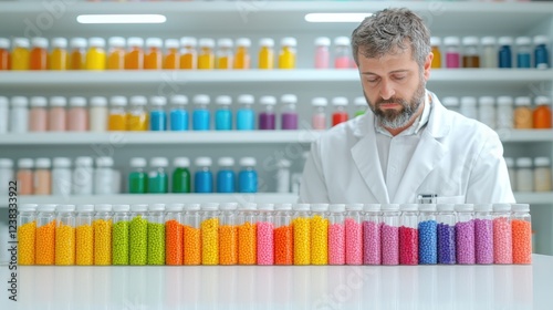 Wallpaper Mural Scientist inspecting colorful plastic pellets in lab Torontodigital.ca