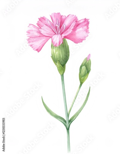 Soft pink carnation bloom displaying petals, stem, and emerging bud against pristine white watercolor canvas