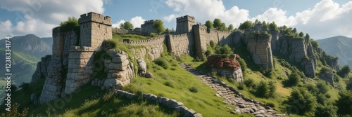 Stone walls and battlements atop a verdant hill, fortress, battlement, architecture