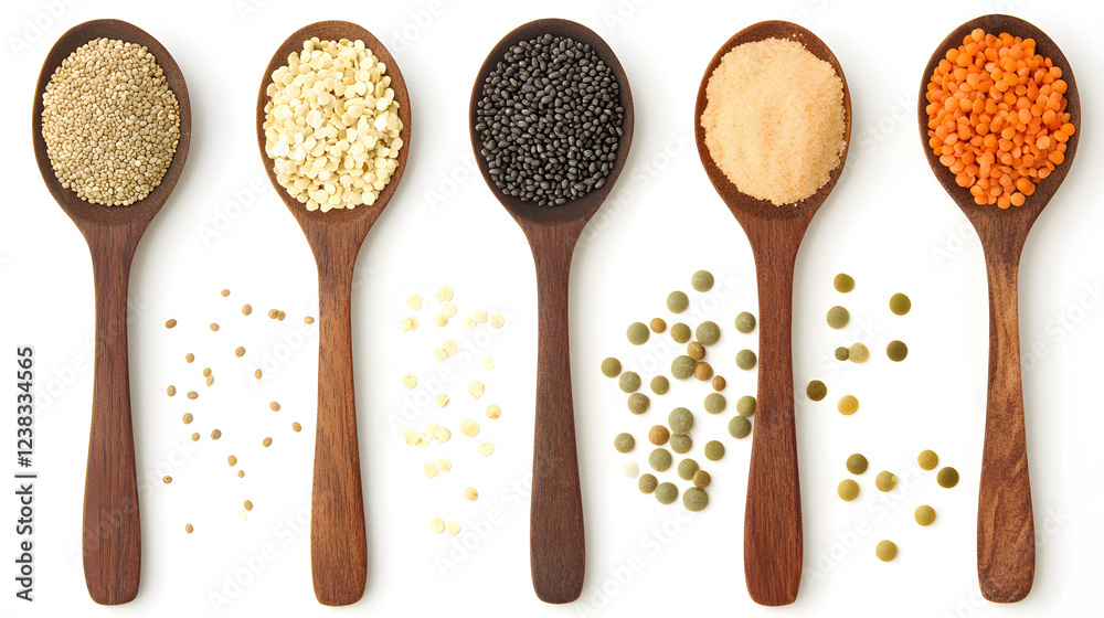 A visually appealing arrangement of wooden spoons filled with various seeds and lentils, showcasing a range of colors and textures A visually appealing arrangement of wooden spoons filled with various seeds and lentils, showcasing a range of colors and textures