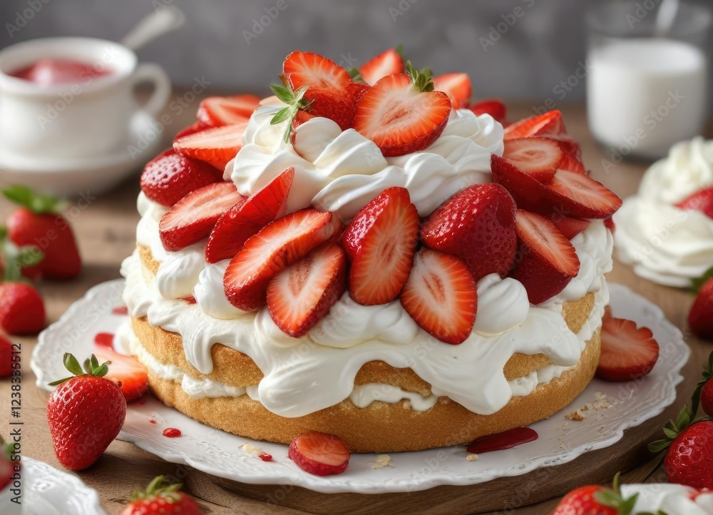 Strawberry shortcake with whipped cream and sliced strawberries arranged artfully on top , fruit arrangement, picnic food, whipped cream Strawberry shortcake with whipped cream and sliced strawberries arranged artfully on top , fruit arrangement, picnic food, whipped cream