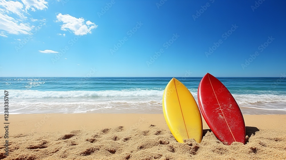 Sunny beach scene with yellow and red surfboards on sandy shore under blue sky Sunny beach scene with yellow and red surfboards on sandy shore under blue sky