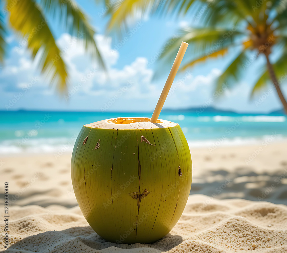 A refreshing coconut water served in a freshly cut green coconut, with a straw inserted. The coconut is placed on a sandy beach table, with a tropical ocean view in the background and palm trees. A refreshing coconut water served in a freshly cut green coconut, with a straw inserted. The coconut is placed on a sandy beach table, with a tropical ocean view in the background and palm trees.