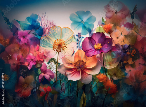 Wallpaper Mural Vibrant, colorful flowers bloom against a soft, blurred background.  Their petals shimmer with an ethereal glow, creating a dreamy, almost surreal floral arrangement. Torontodigital.ca
