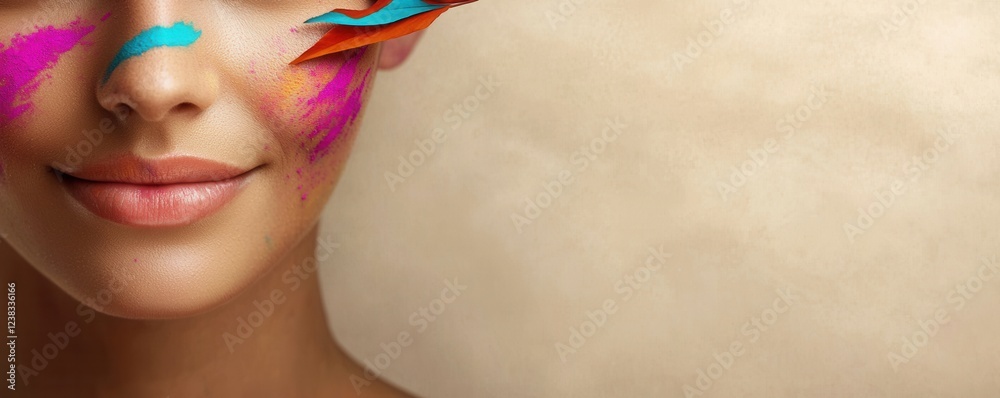 Naklejka premium Minimalist Holi scene concept. Vibrant face paint on a smiling woman against a neutral background