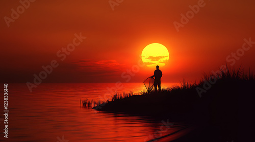 Silhouette of a fisherman at sunset by the tranquil waters, surrounded by nature. photo