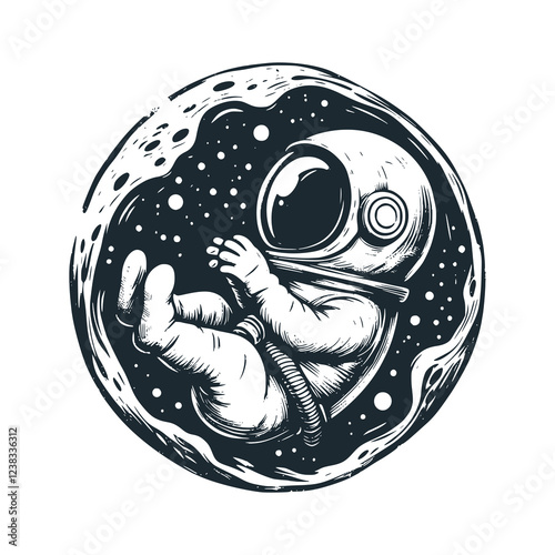 Cute astronaut inside the womb shell. Black white vector. Icon and logo illustration.	