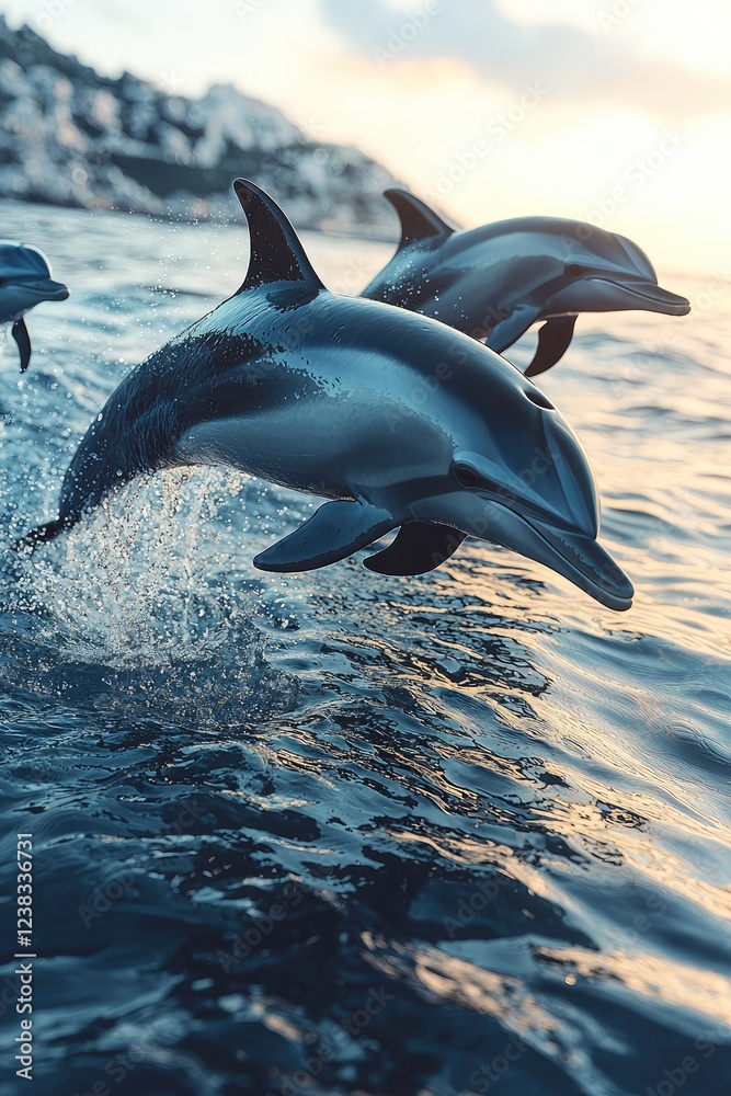 Fototapeta premium Dolphins leaping playfully in ocean waves at sunset