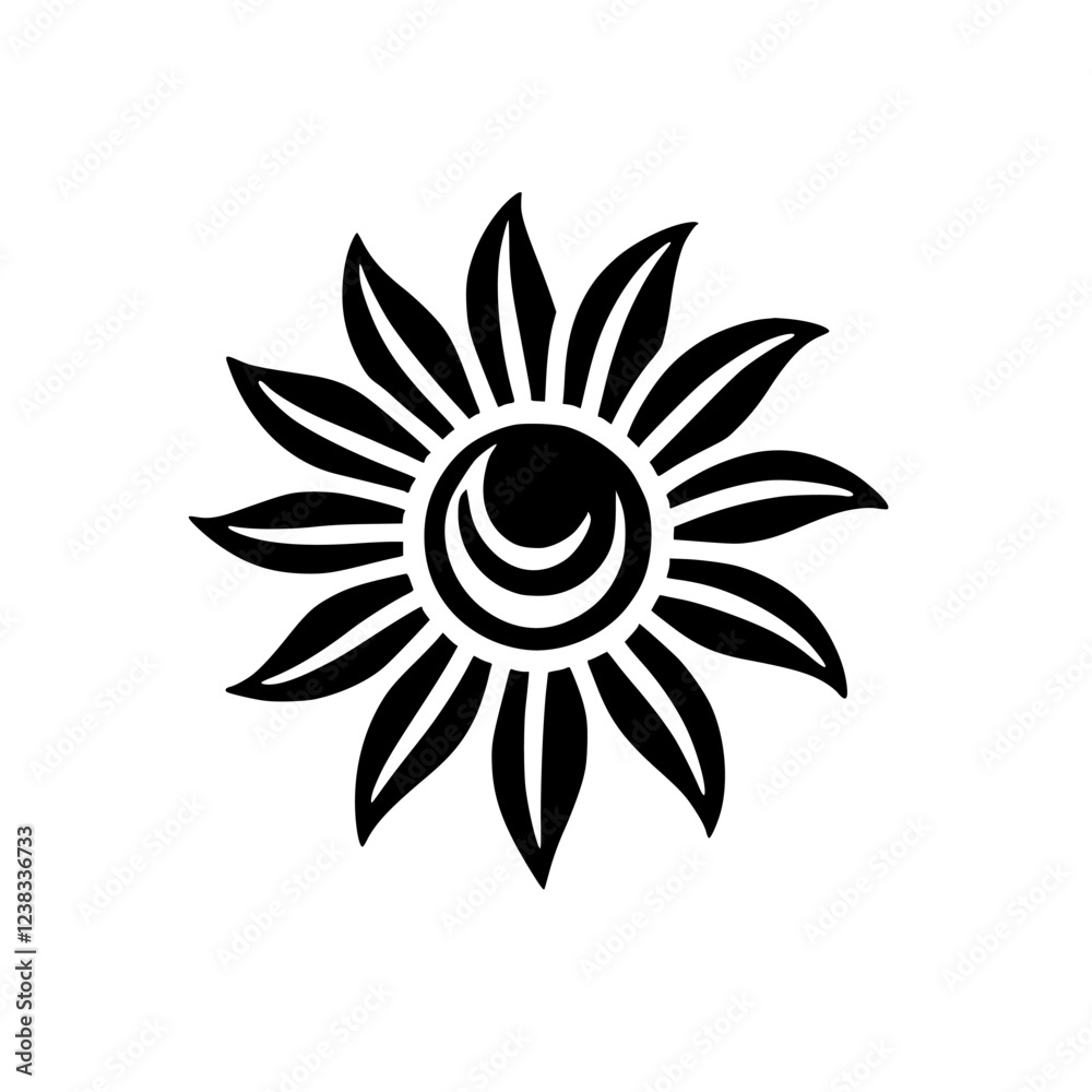 Black and White Floral Sun and Moon Design: Minimalist Flower Art Print Black and White Floral Sun and Moon Design: Minimalist Flower Art Print