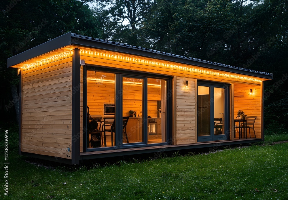 Fototapeta premium A wooden house with large windows and lights on, surrounded by green grass in the forest at night. A beautiful cabin that has an impressive exterior design, nestled amidst tall trees. The roof 