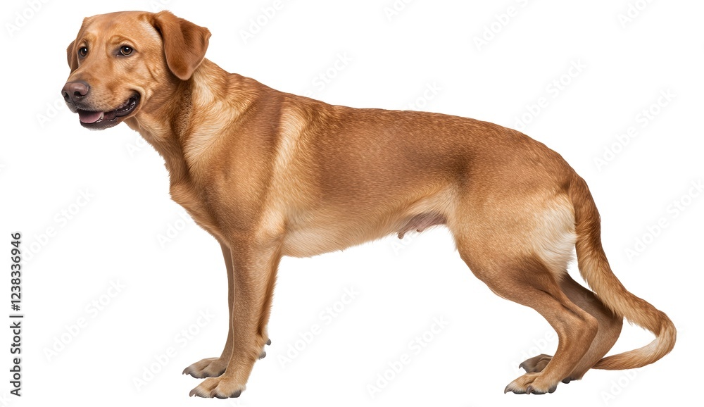 A yellow Labrador Retriever is sitting, with a happy expression looking at the camera. The image is isolated on a white background with a clipping path. It is an 8K resolution, real photograph A yellow Labrador Retriever is sitting, with a happy expression looking at the camera. The image is isolated on a white background with a clipping path. It is an 8K resolution, real photograph