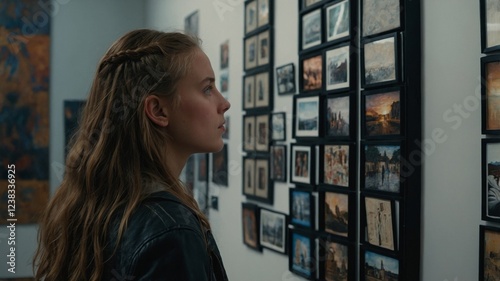 Woman admiring a gallery wall filled with historical photographs in an art exhibition setting