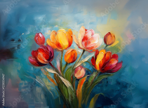 A vibrant oil painting depicts a bouquet of tulips against a textured blue background. The flowers showcase a range of warm colors, including red, orange, and yellow hues.  