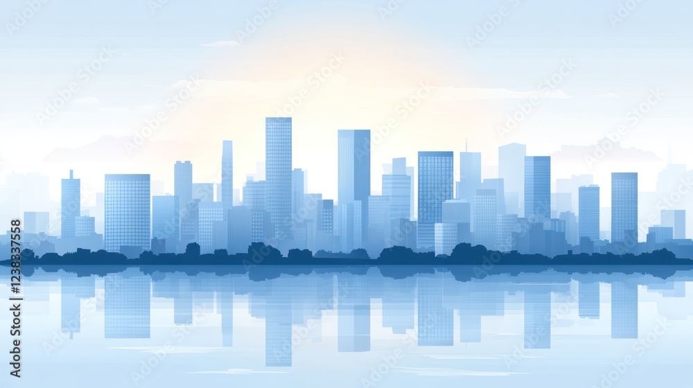 Fototapeta premium Cityscape sunrise reflection, calm water, urban background, website banner