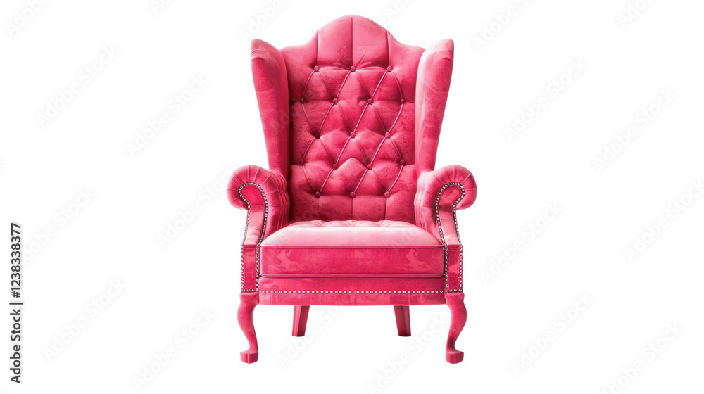 Fototapeta premium Pink upholstered wingback chair isolated on transparent background