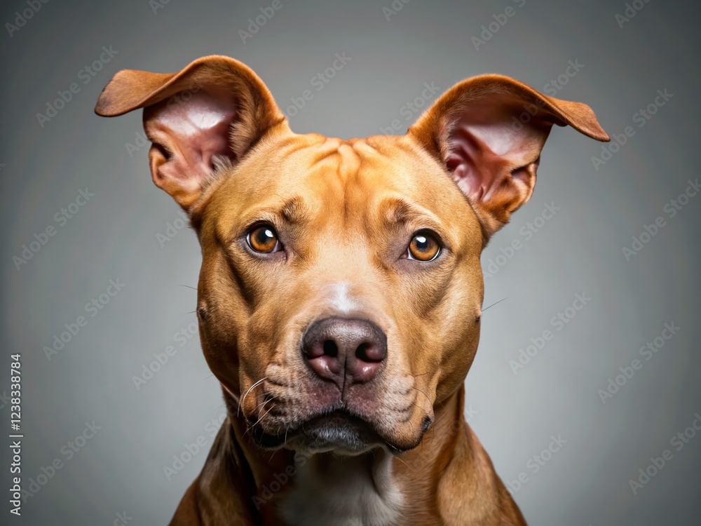 Adorable Tan Pit Bull Mix Dog with Quirky Ear on Light Gray Background Adorable Tan Pit Bull Mix Dog with Quirky Ear on Light Gray Background