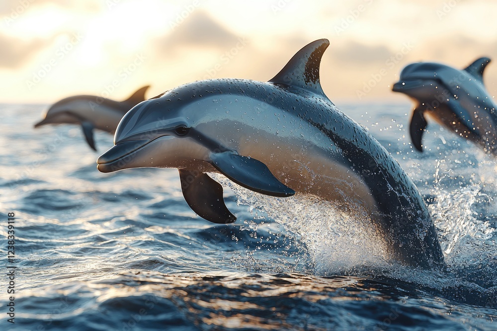 Obraz premium Dolphins leaping playfully in ocean waves during sunset