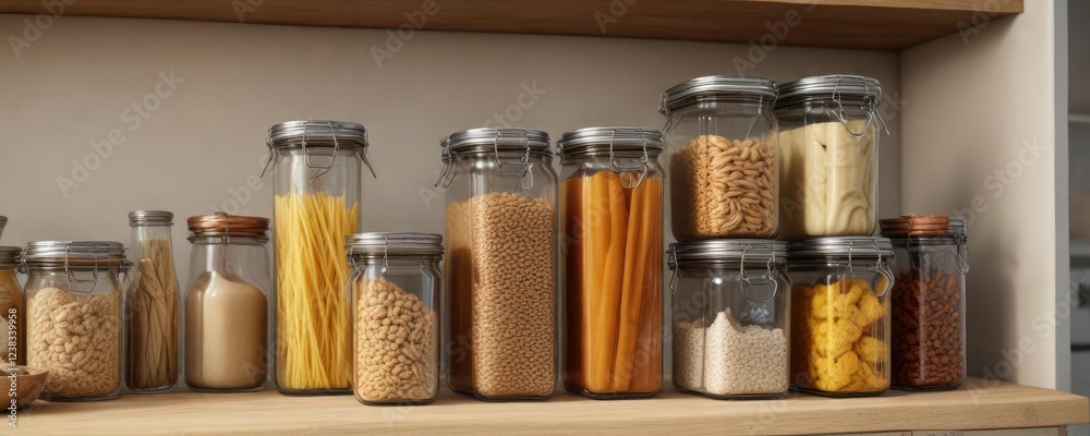 Stylish pantry organization featuring sustainable glass containers, household essentials, bulk food storage, kitchen staples Stylish pantry organization featuring sustainable glass containers, household essentials, bulk food storage, kitchen staples